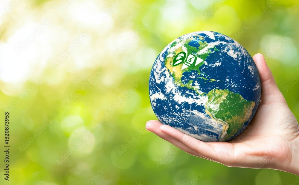 A hand cradling the green earth is replete with icons pertinent to business, the environment, circular economy, production processes, waste, consumer activities, resource management, life cycle A hand cradling the green earth is replete with icons pertinent to business, the environment, circular economy, production processes, waste, consumer activities, resource management, life cycle