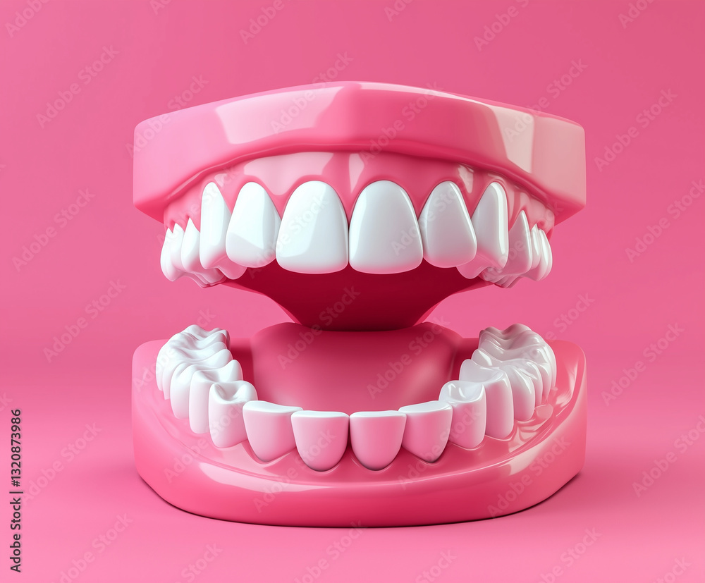 Obraz premium 3D illustration of dental model showcasing upper and lower teeth, set against vibrant pink background. This playful design emphasizes dental health and hygiene