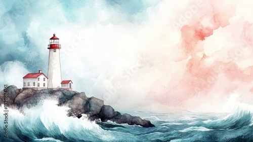 A serene watercolor painting of a lighthouse on rocky shores, surrounded by tumultuous waves and a soft, colorful sky.
