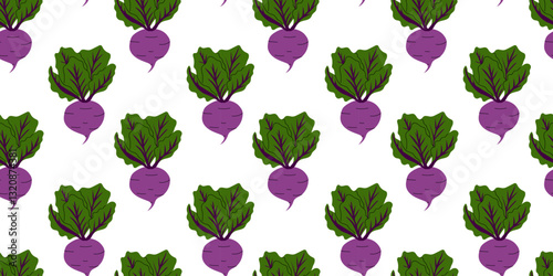 Colorful pattern featuring beet purple with green leaves on a white background
