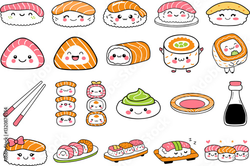 Cute Kawaii Sushi and Japanese Food Doodle Set