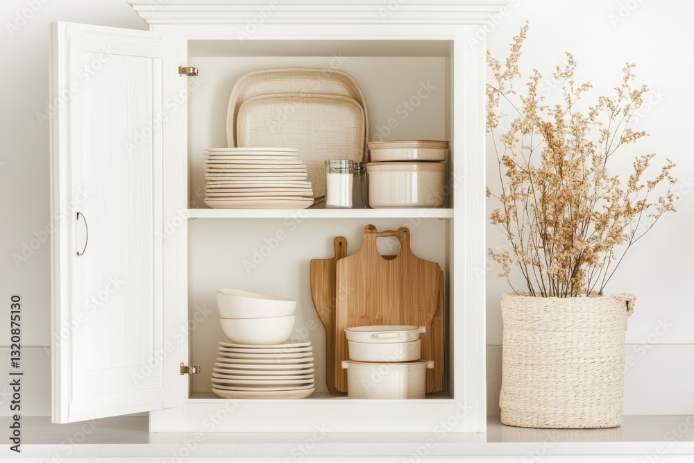 Fototapeta premium Minimalist Kitchen Shelf Arrangement With Ceramics, Wooden Cutting Boards, and Decorative Flowers