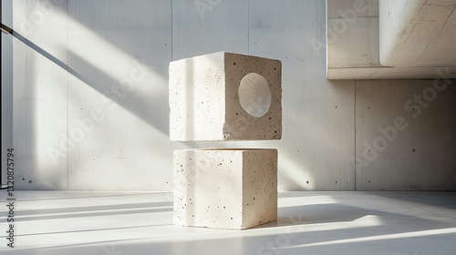 A minimalist adhesive sculpture holding two massive blocks at an impossible angle photo