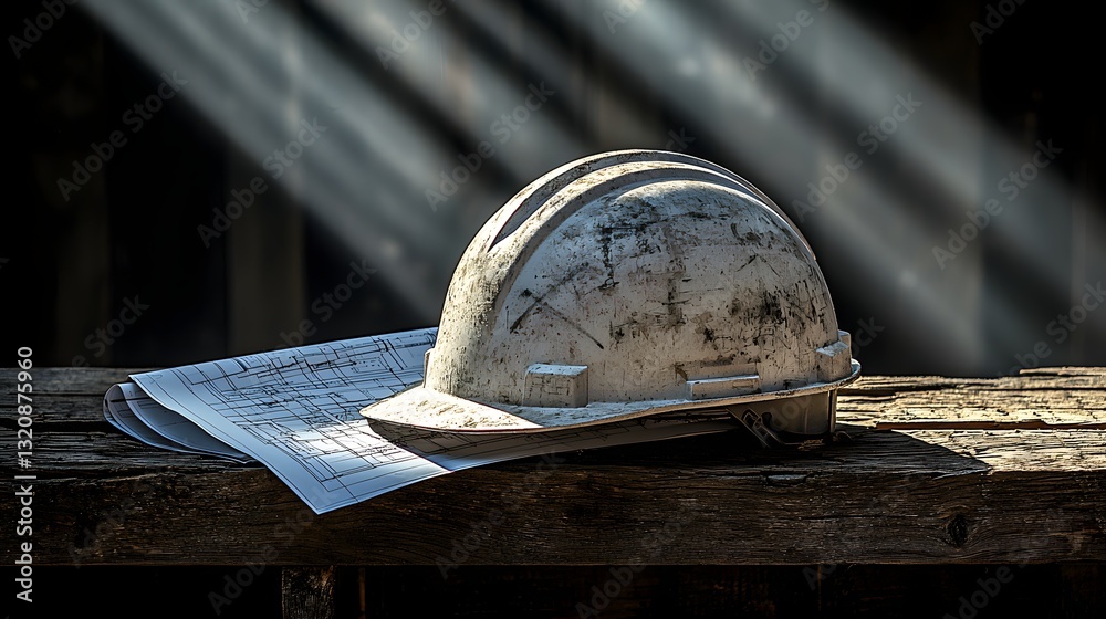 Naklejka premium Construction Safety Hard Hat on Blueprints with Sunlight Rays