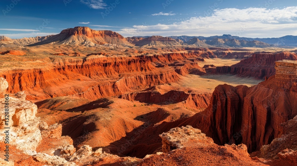 Majestic Red Rock Canyon Landscape Under a Bright Blue Sky with Scattered Clouds Majestic Red Rock Canyon Landscape Under a Bright Blue Sky with Scattered Clouds