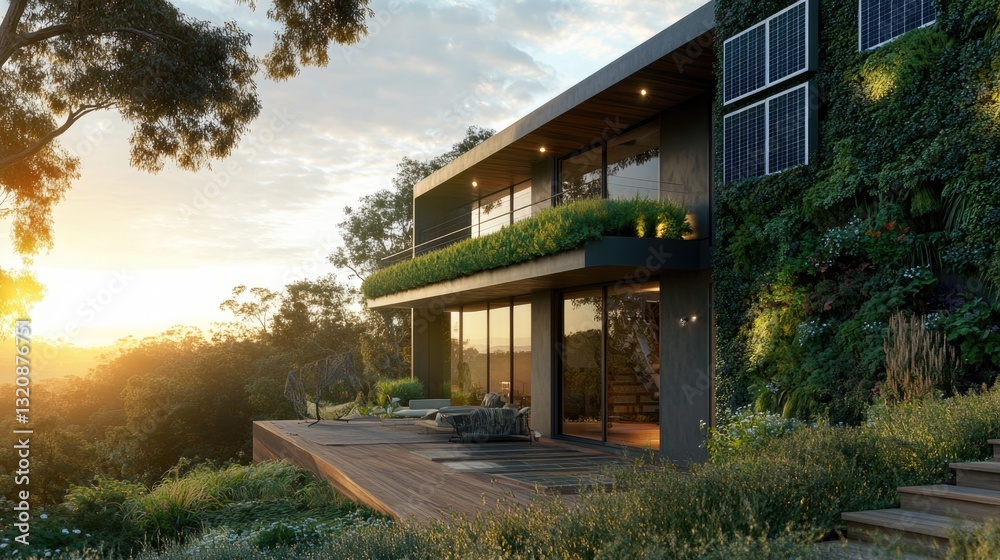 Modern architectural dwelling surrounded by lush landscaping and sunlight Modern architectural dwelling surrounded by lush landscaping and sunlight