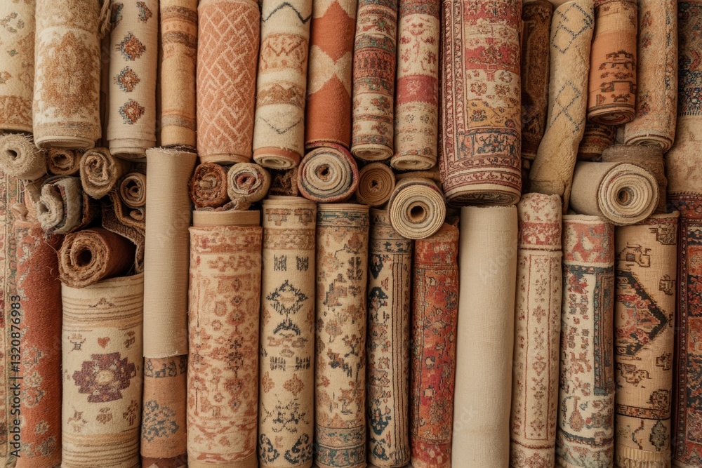 Colorful Woven Rugs Neatly Arranged in a Top-Down Minimalist View to Showcase Intricate Patterns and Textures Colorful Woven Rugs Neatly Arranged in a Top-Down Minimalist View to Showcase Intricate Patterns and Textures