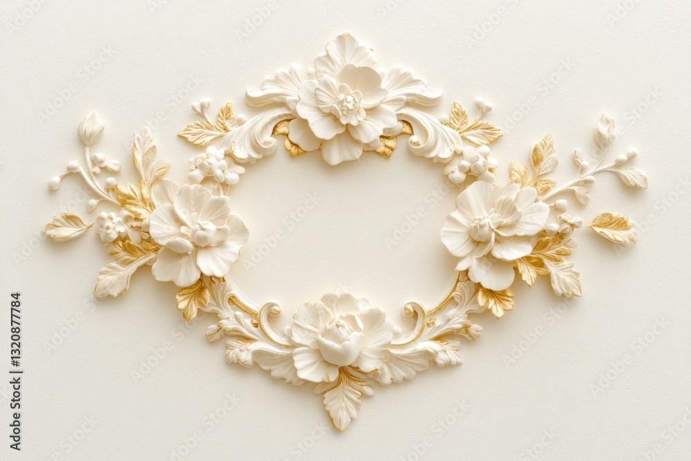 Symmetrical Rococo Frame With Ornate Gold Detailing on a Textured White Wall for Minimalist Decor Symmetrical Rococo Frame With Ornate Gold Detailing on a Textured White Wall for Minimalist Decor