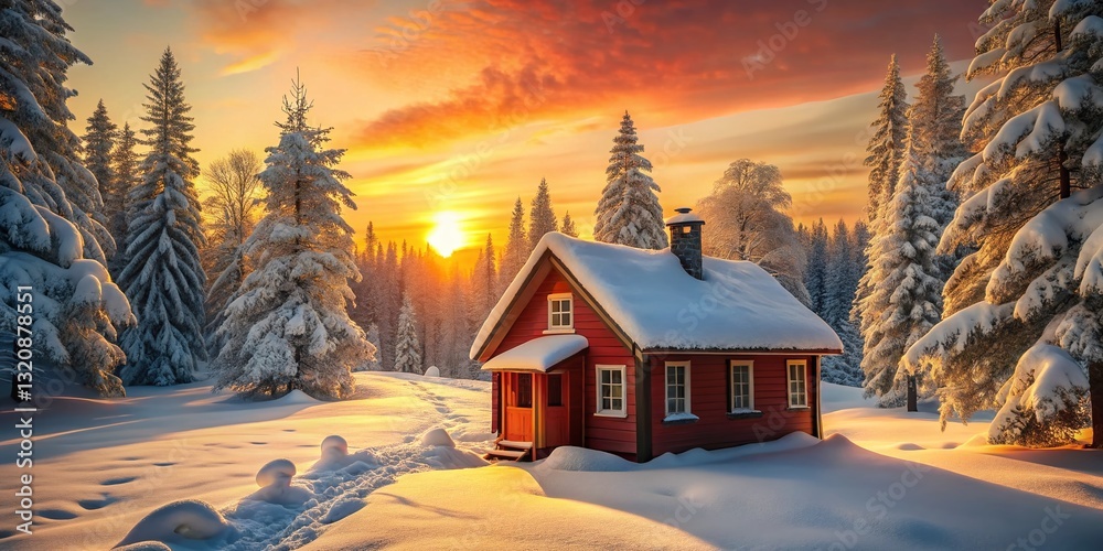 Naklejka premium Cozy Red Wooden Playhouse in Snowy Winter Forest Sunset
