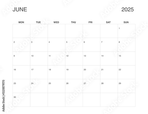 JUNE 2025 Letter Size Monthly Calendar, Minimalist Printable Calendar, Dated JUNE Planner