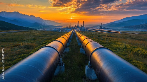 Twin oil pipelines stretch through a green valley at golden sunset. Wide angle leading lines toward distant mountains. Energy reliability and progress. Ideal for industry reports and