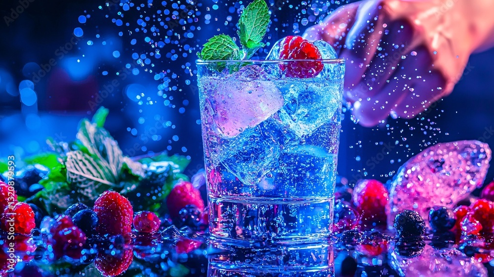 Refreshing Cocktail with Berries and Mint on Vibrant Blue Background Refreshing Cocktail with Berries and Mint on Vibrant Blue Background