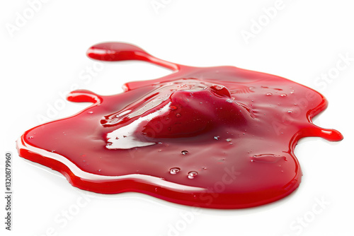 close up horizontal isolated image of a red blot of shiny fluid