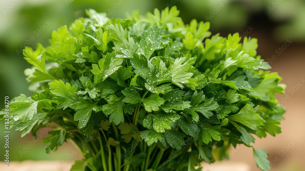 Fresh bunch of green coriander herb on wooden surface, ideal for culinary use.
