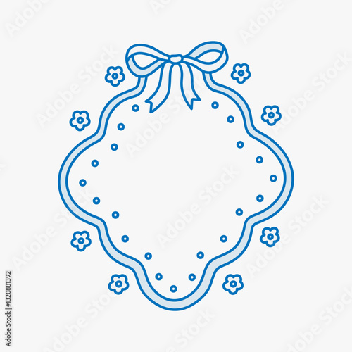 Coquette frame decorated of blue bow, small cute flowers, dots. Spring or summer border with ruffle. Vintage whimsical background for greeting cards, wedding, invitations, social media