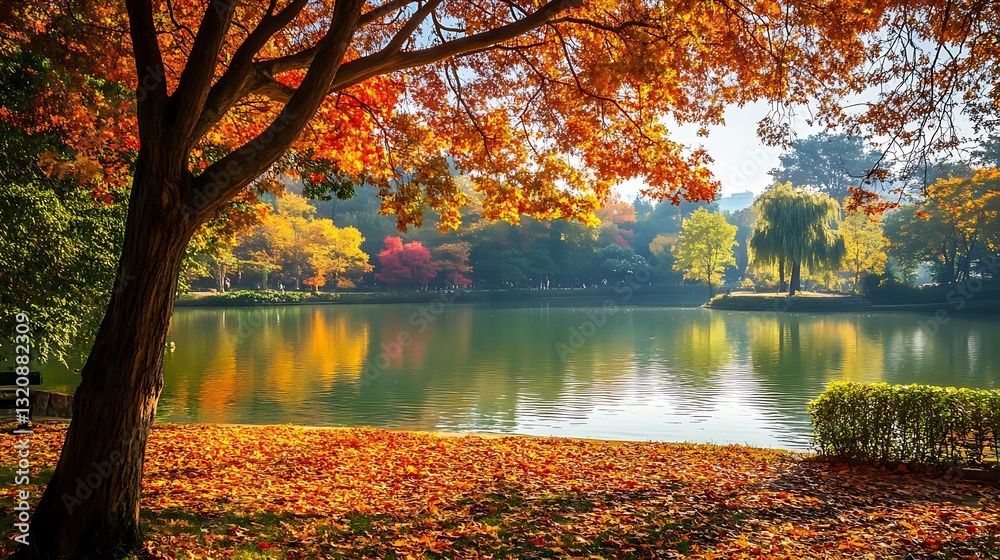 Autumnal park scene by a serene lake. Colorful foliage surrounds a calm water body Autumnal park scene by a serene lake. Colorful foliage surrounds a calm water body