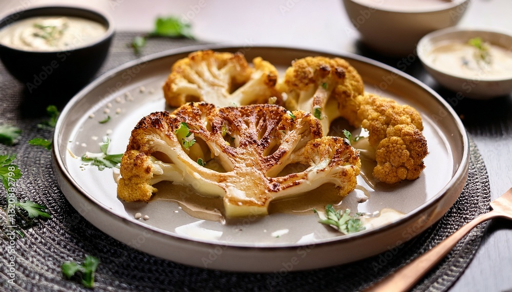 Fototapeta premium artfully arranged roasted cauliflower steaks drizzled with creamy tahini sauce showcasing a delicious and nutritious vegetable centric dish for a healthy plant based meal or gourmet appetizer