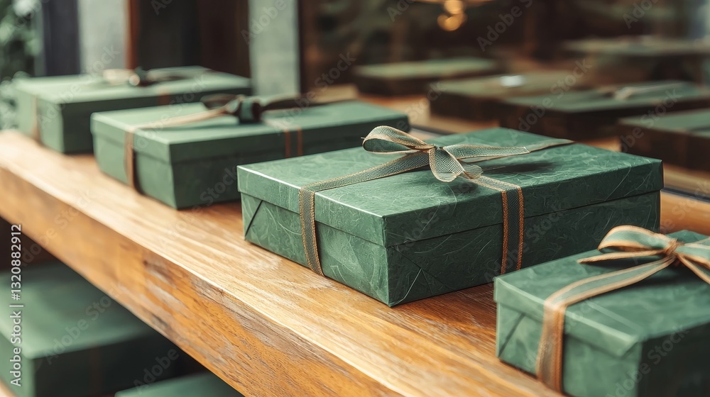 Fototapeta premium Ecofriendly packaging materials are carefully organized on a shelf with a minimalist aesthetic, drawing attention to environmentally conscious products in a modern retail environment