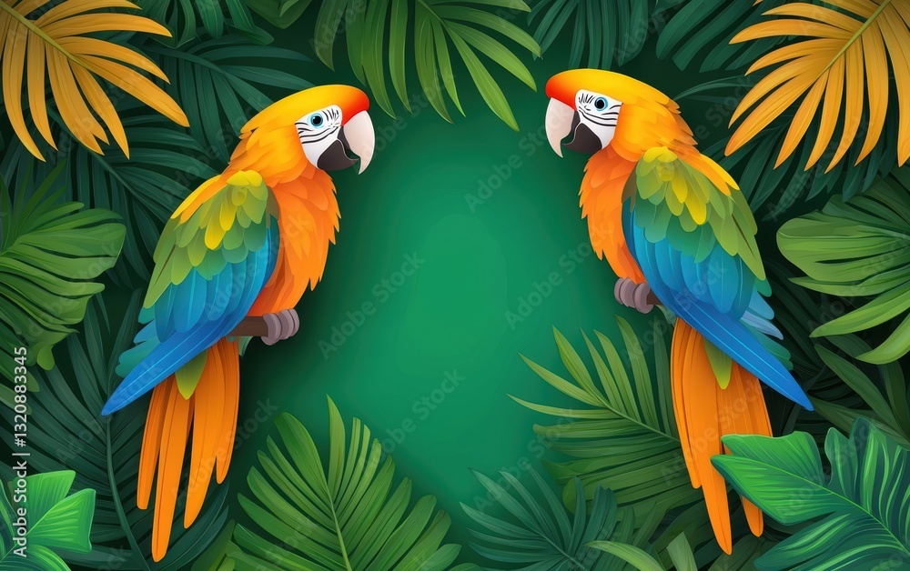 Obraz premium Exotic rainforest composition featuring majestic parrots, dense palm leaves, and vivid tropical flora, rich nature and wildlife theme