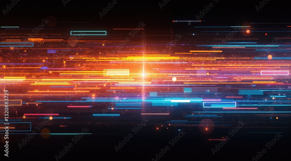 Obraz premium Fast-moving multicolored streaks and abstract geometric shapes, glowing bright lines in orange, red, yellow, blue, purple, motion blur, high contrast, dark background, digital art, modern technologica