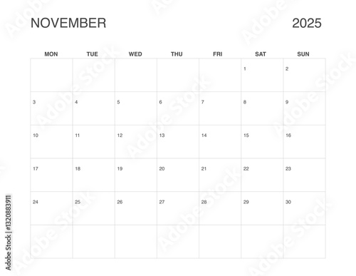 NOVEMBER 2025 Letter Size Monthly Calendar, Minimalist Printable Calendar, Dated NOVEMBER Planner