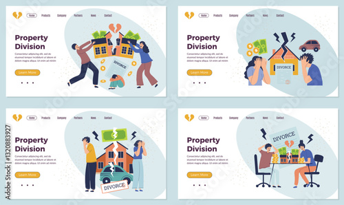 Division of property landing. business web page templates with concept pictures of divorce characters