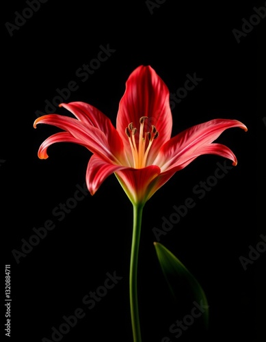 Red lily realistic on black background with hard light
