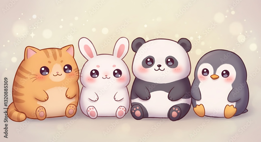 Fototapeta premium Adorable Cartoon Animals Sitting Together Pastel Background