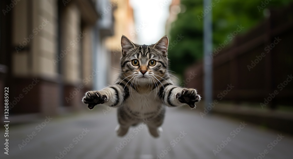 Obraz premium Flying Tabby Cat Over City Street