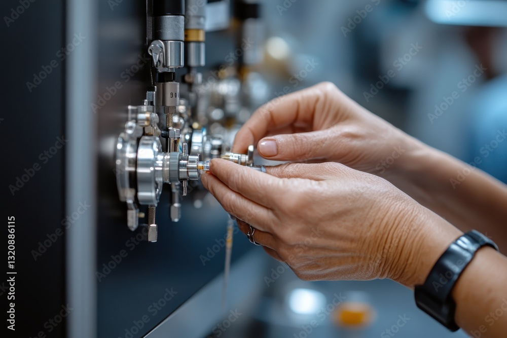 Close-up of skilled hands delicately adjusting precision equipment in a laboratory or workshop setting, emphasizing craftsmanship and technical expertise in action. Close-up of skilled hands delicately adjusting precision equipment in a laboratory or workshop setting, emphasizing craftsmanship and technical expertise in action.