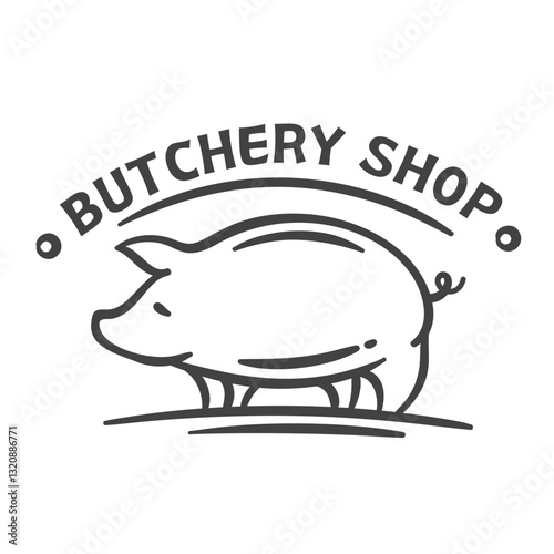 Butchery shop logo with pig line icon. Outline hand drawn cute animal with snout and tail on typography label, swine emblem for farm bacon and fresh meat store. Butchery logotype vector illustration