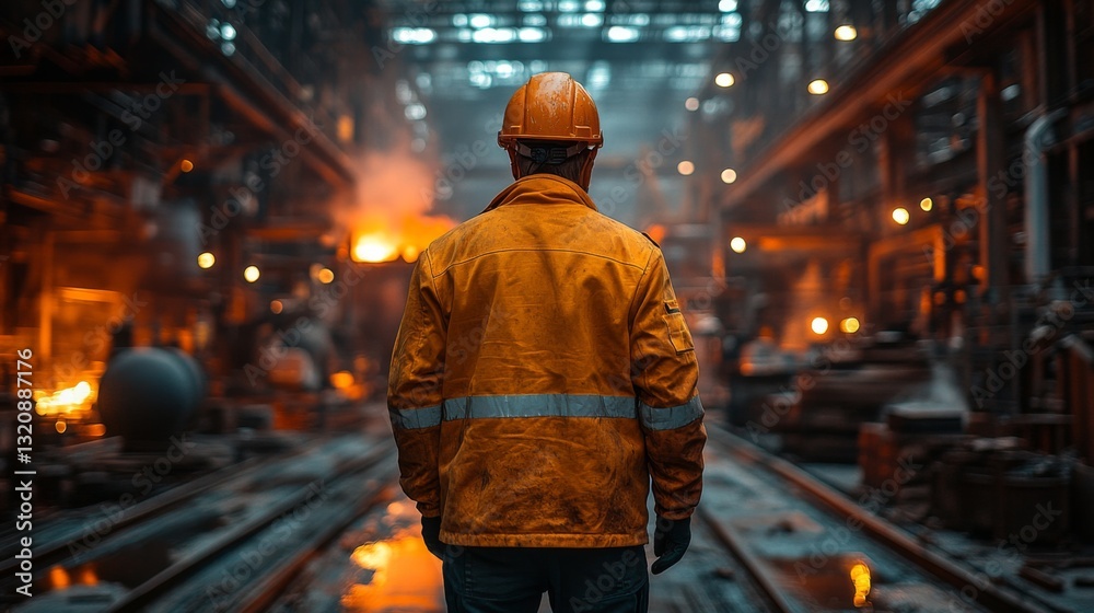 A worker in a bright orange jacket stands in a factory, watching the automated steel production process. The facility is warmly lit, showcasing the bustling manufacturing environment. A worker in a bright orange jacket stands in a factory, watching the automated steel production process. The facility is warmly lit, showcasing the bustling manufacturing environment.
