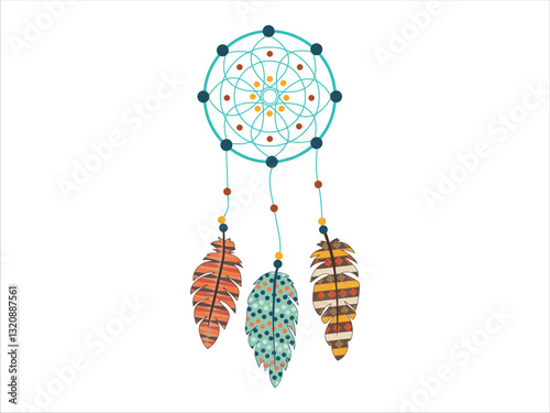 Colorful Dream catcher with Feather Ornaments on White Background. Concept of Native American Symbolism, Bohemian Decoration, Spiritual Protection, Ethnic Art, and Whimsical Design.