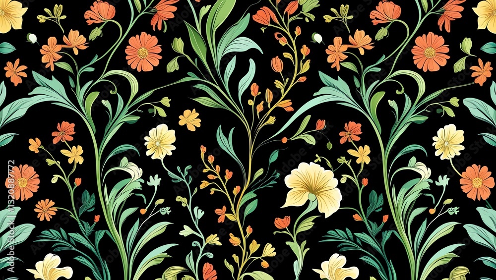 Elegant Floral Pattern: A Seamless Design of Vibrant Blooms on a Dark Background Elegant Floral Pattern: A Seamless Design of Vibrant Blooms on a Dark Background