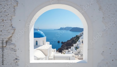 Santorini Church View Through Arched Window with Blue Dome and Ocean