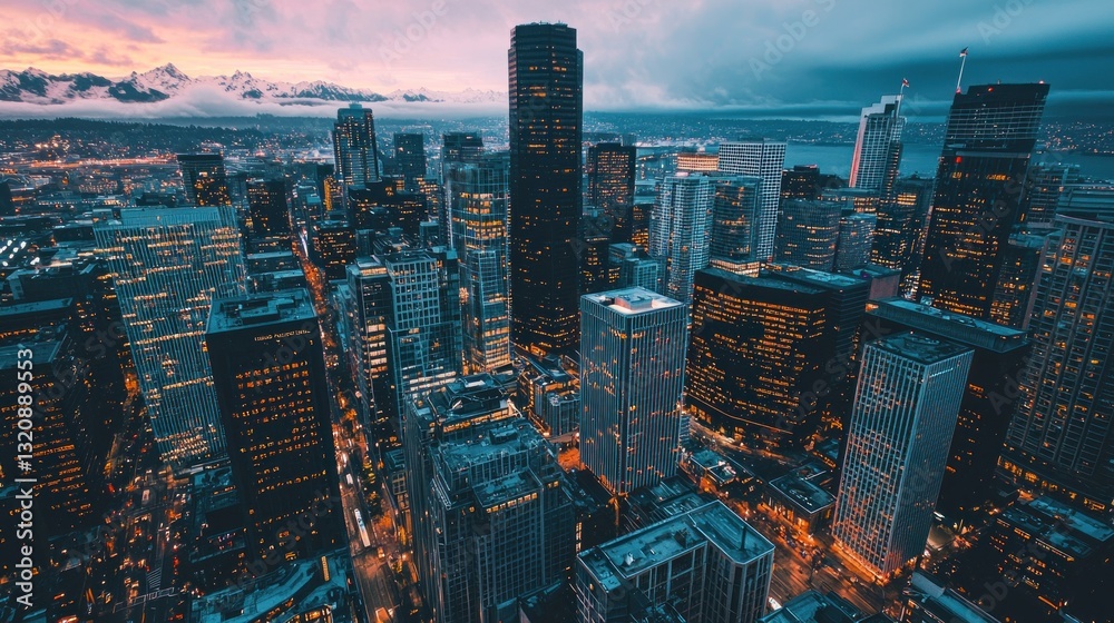 Fototapeta premium Seattle Skyline at Dusk: A Panoramic View of Urban Majesty