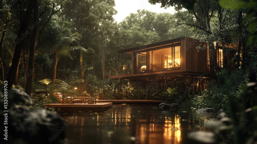 Fototapeta premium A modern forest cabin with warm interior lighting at dusk