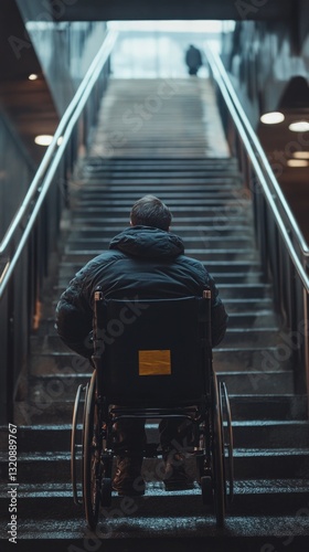 A person with mobility issues navigating stairs with assistance of a wheelchair