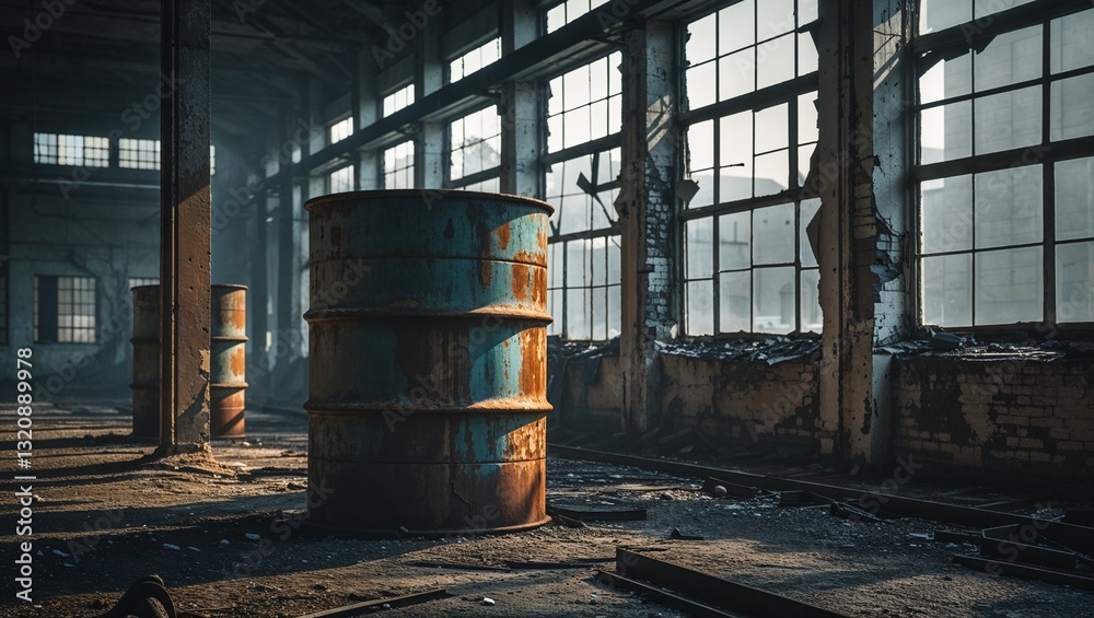 Rusty barrel on an abandoned factory, symbolizing decay and industrial abandonment Rusty barrel on an abandoned factory, symbolizing decay and industrial abandonment
