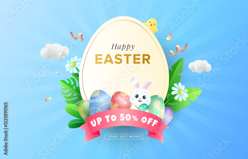 Cheerful easter sale design template with cute bunny and colorful eggs. Easter promotional design for social media material. Vector illustration eps 10.