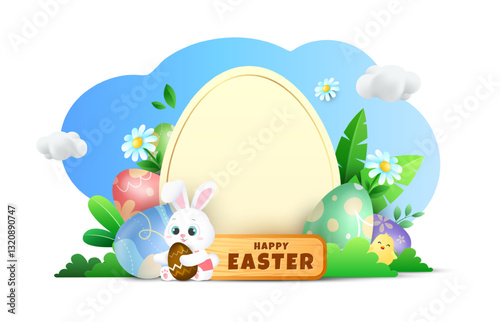 3d Easter background with cute rabbit, eggs and flowers and blue cloud shape. Vector illustration for festive design template. Eps 10.
