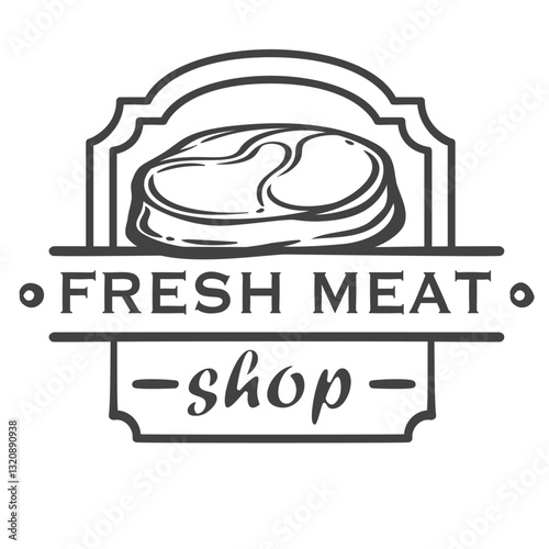 Fresh meat shop logo with raw steak inside frame line icon. Outline hand drawn beef or pork slice on typography badge, sirloin cut for roast. Butchery, meat store logotype vector illustration