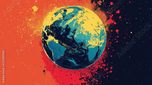 Abstract pop-art Earth illustration with vibrant splashes and cosmic theme