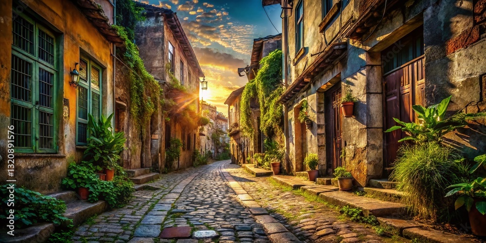 Fototapeta premium Crumbling Charm: Old Town Street Photography - Urban Exploration