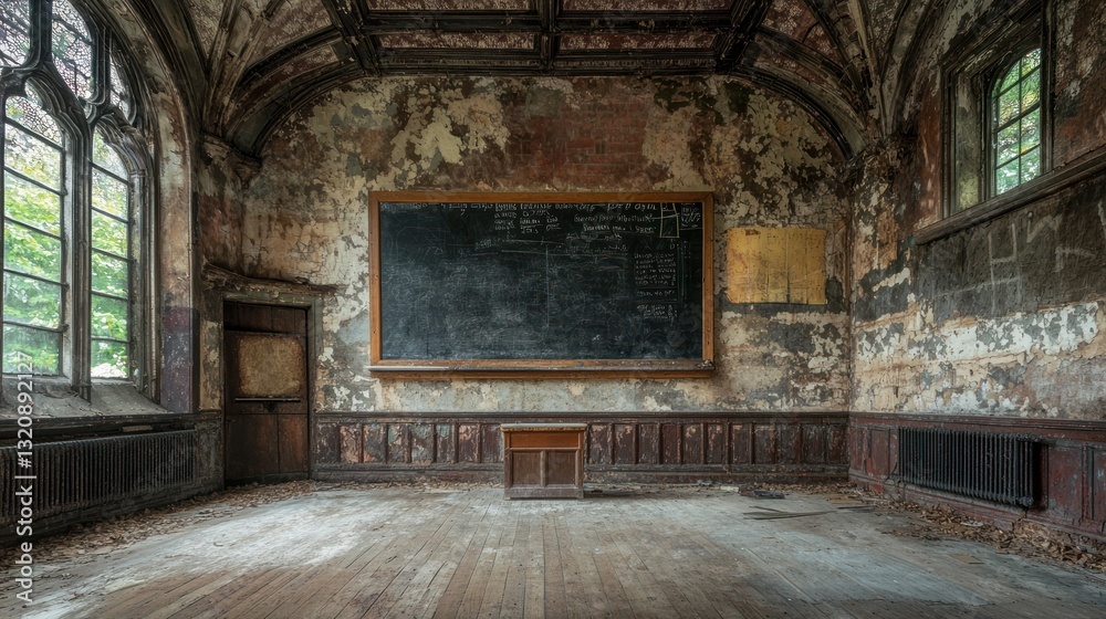 Fototapeta premium Abandoned Classroom: A Glimpse into Time's Embrace