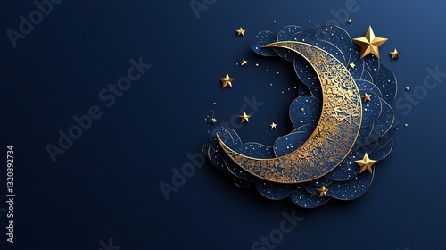 Modern vector design of a crescent moon accented with stars against a deep blue background