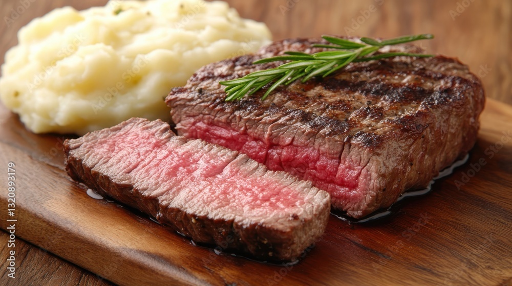Delicious Grilled Steak Sliced with Creamy Mashed Potatoes and Fresh Herb Garnish on Rustic Wooden Board Delicious Grilled Steak Sliced with Creamy Mashed Potatoes and Fresh Herb Garnish on Rustic Wooden Board