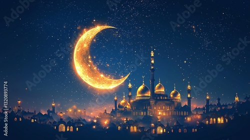 Golden crescent moon illuminates serene city skyline at night with glistening stars