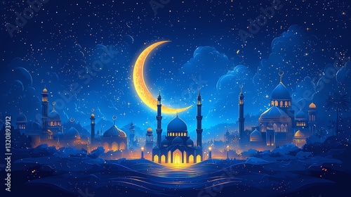 Golden crescent moon shines over an enchanting cityscape at night with vibrant towers