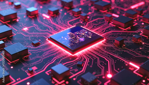 Digital circuit board with microchip glowing in neon colors